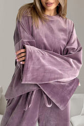 Buttery-Soft Round Neck Long Sleeve Top and Drawstring Pants Set OutfitFlow